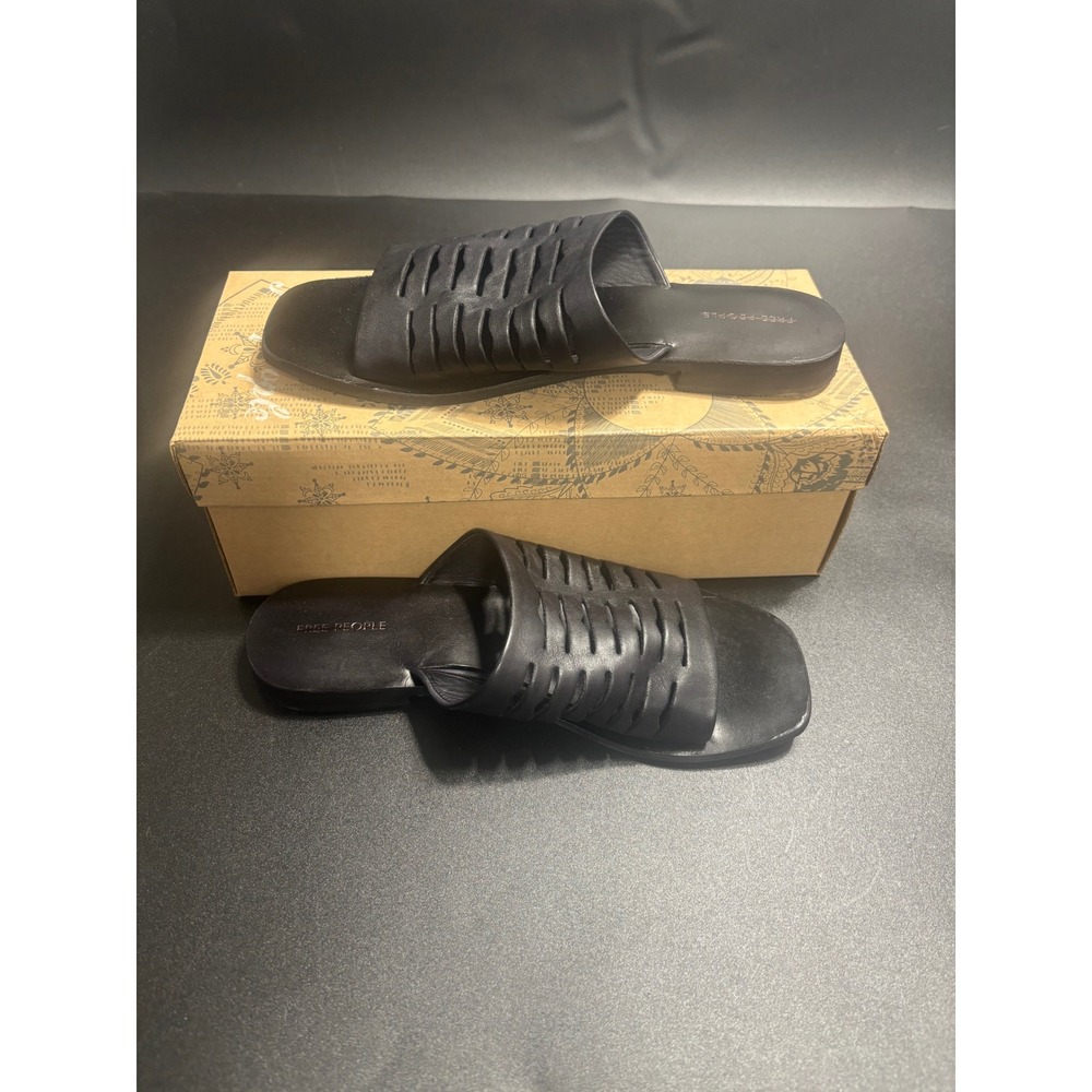 Free People‎ NEW Slice of Sun Black Leather Slide Sandals Woven Slip On Size 8